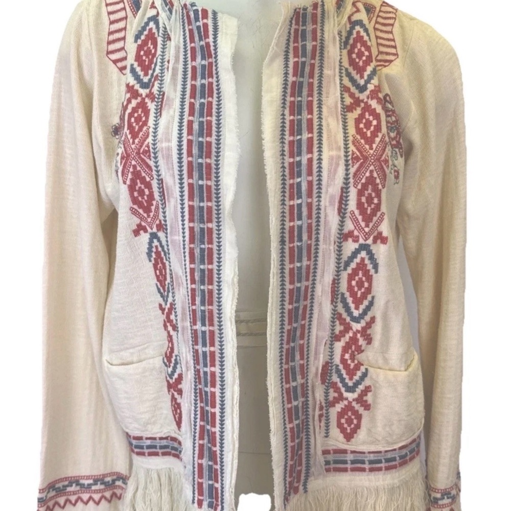 Cream Embroidered Open-Front Women's Sweater Jacket